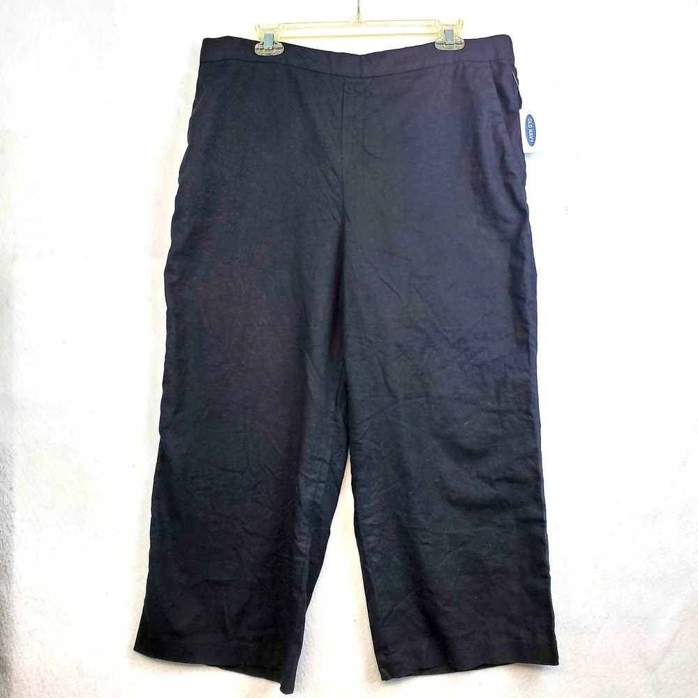 Old Navy Crop Pants Black Linen Blend Wide Leg Pull On Women's Size 16